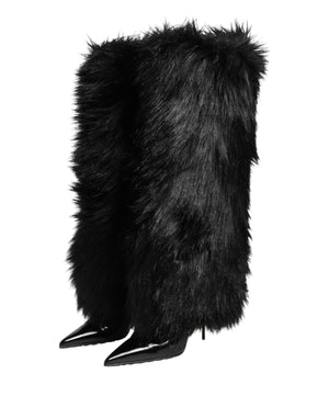 Black Faux Fur Pointed Knee High Stiletto Boots Shoes