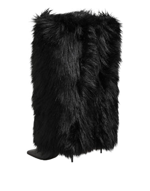 Black Faux Fur Pointed Knee High Stiletto Boots Shoes
