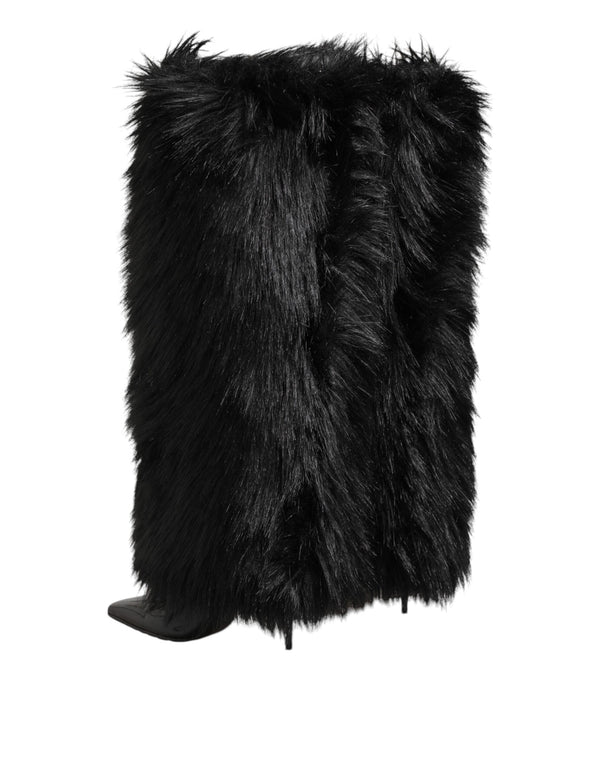 Black Faux Fur Pointed Knee High Stiletto Boots Shoes