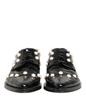 Black Leather Faux Pearl Dress Broque Shoes