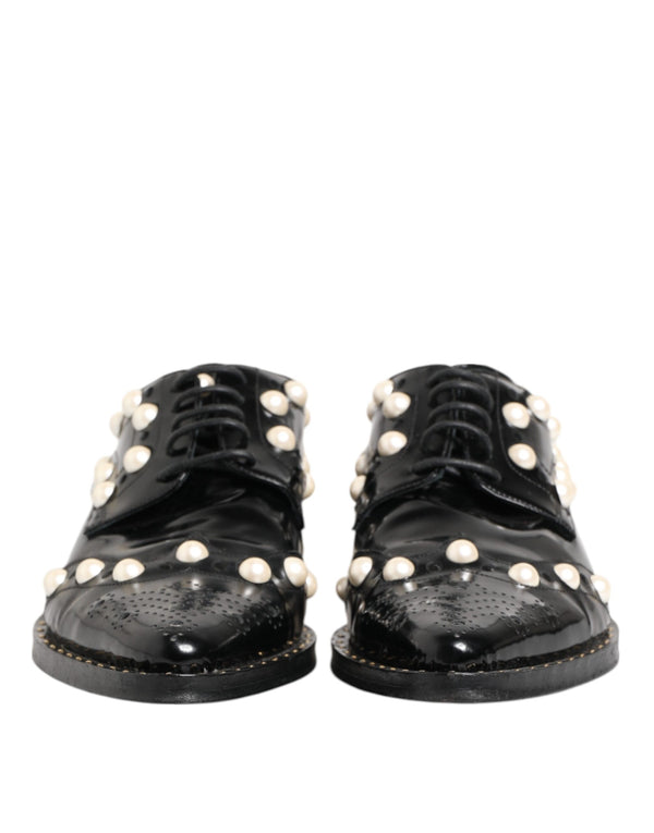 Black Leather Faux Pearl Dress Broque Shoes