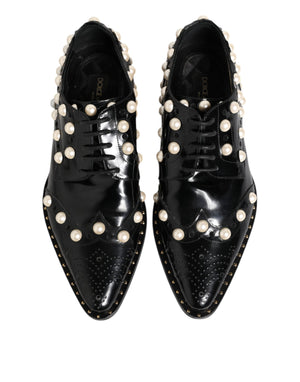 Black Leather Faux Pearl Dress Broque Shoes