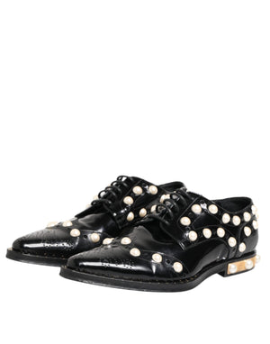 Black Leather Faux Pearl Dress Broque Shoes