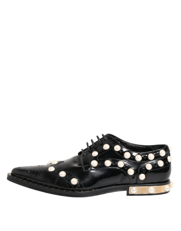 Black Leather Faux Pearl Dress Broque Shoes
