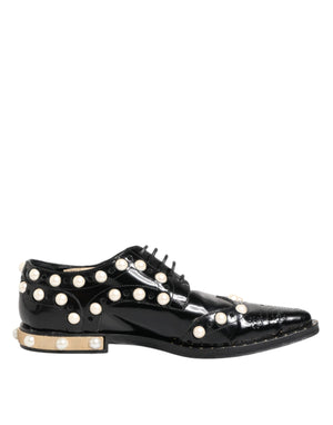 Black Leather Faux Pearl Dress Broque Shoes