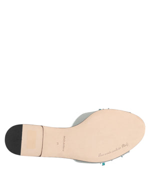 Silver Blue Leather Bead Embellish Slide Shoes