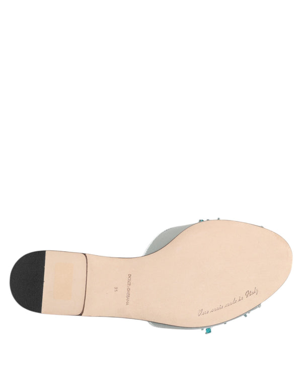 Silver Blue Leather Bead Embellish Slide Shoes