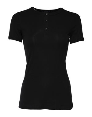 Black Cotton Henley Short Sleeves Top T-shirt