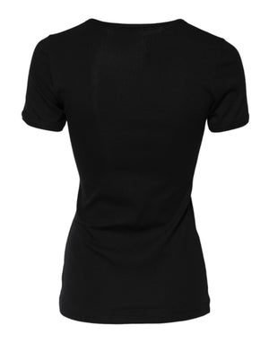 Black Cotton Henley Short Sleeves Top T-shirt