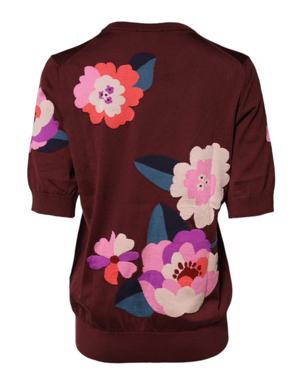 Maroon Floral Silk Crew Neck Blouse Top