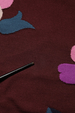 Maroon Floral Silk Crew Neck Blouse Top