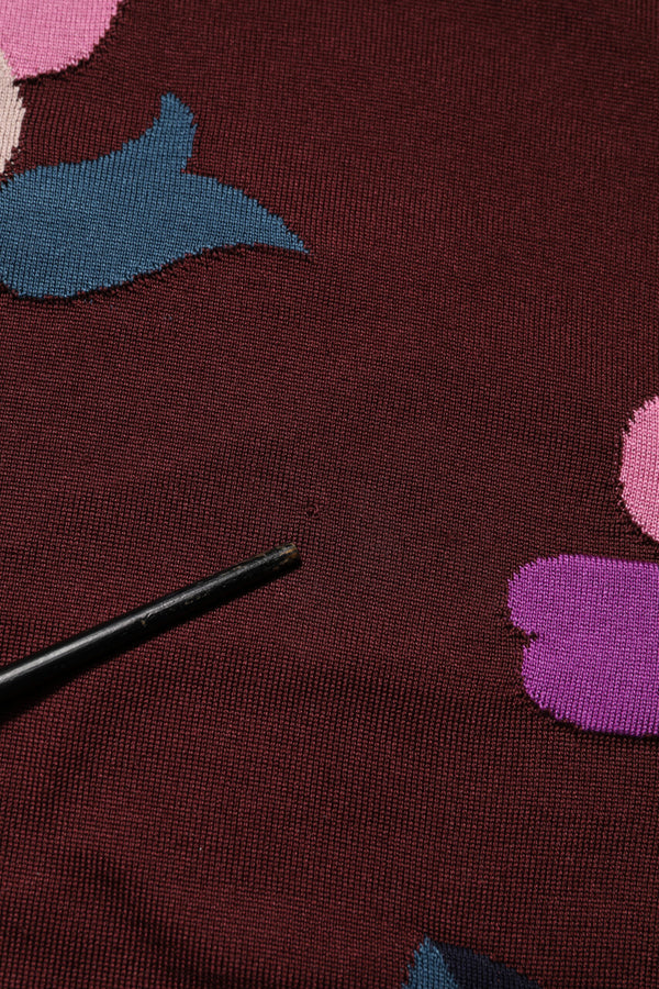 Maroon Floral Silk Crew Neck Blouse Top