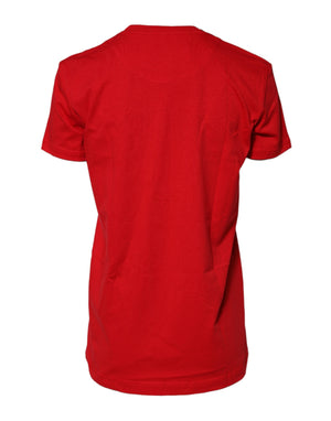 Red Cotton Short Sleeves Crew Neck Top T-shirt