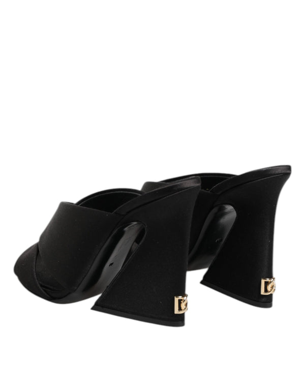 Black Logo KEIRA Satin Slides Sandals Shoes