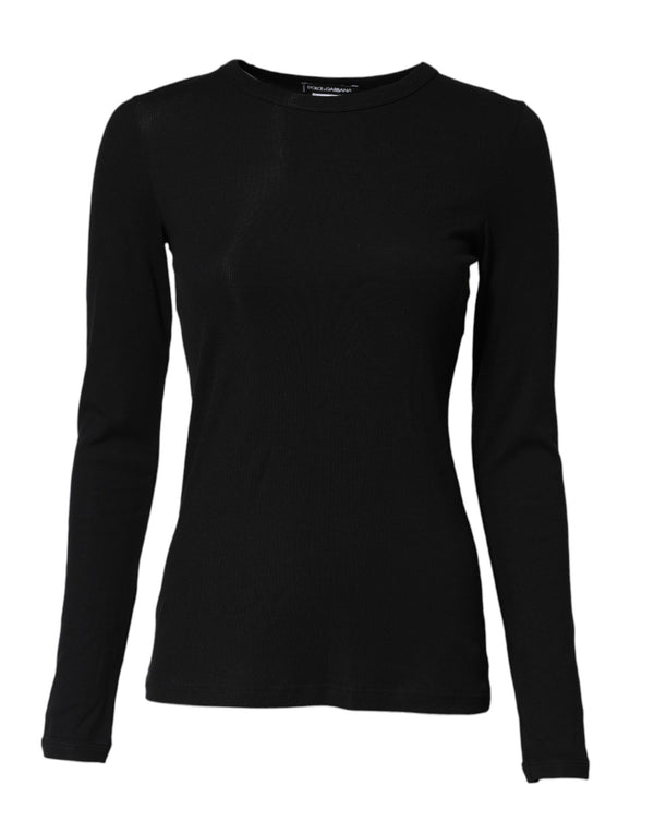 Black Cotton Knit Round Neck Long Sleeves T-shirt
