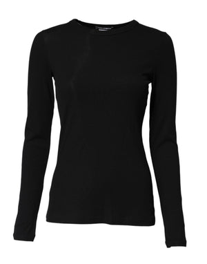 Black Cotton Knit Round Neck Long Sleeves T-shirt