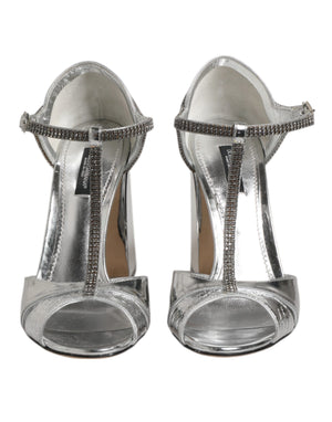 Silver Leather T-strap Heels Sandals Shoes