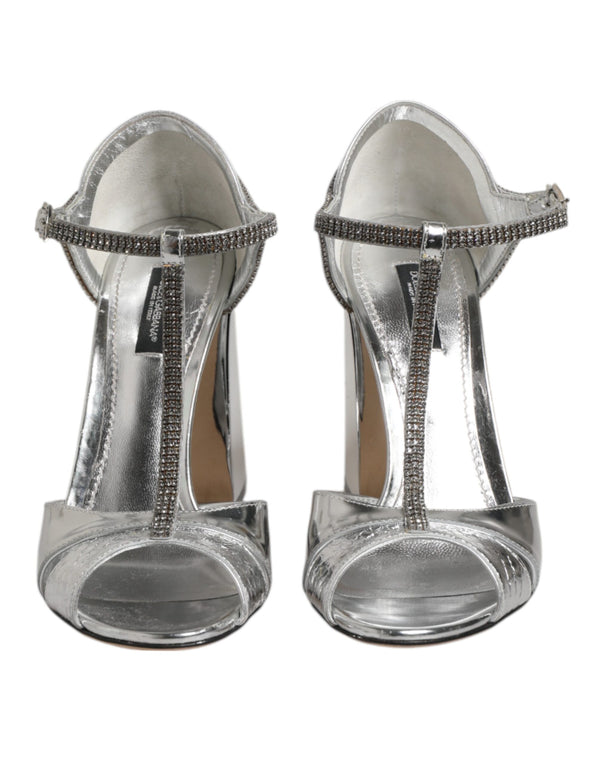 Silver Leather T-strap Heels Sandals Shoes