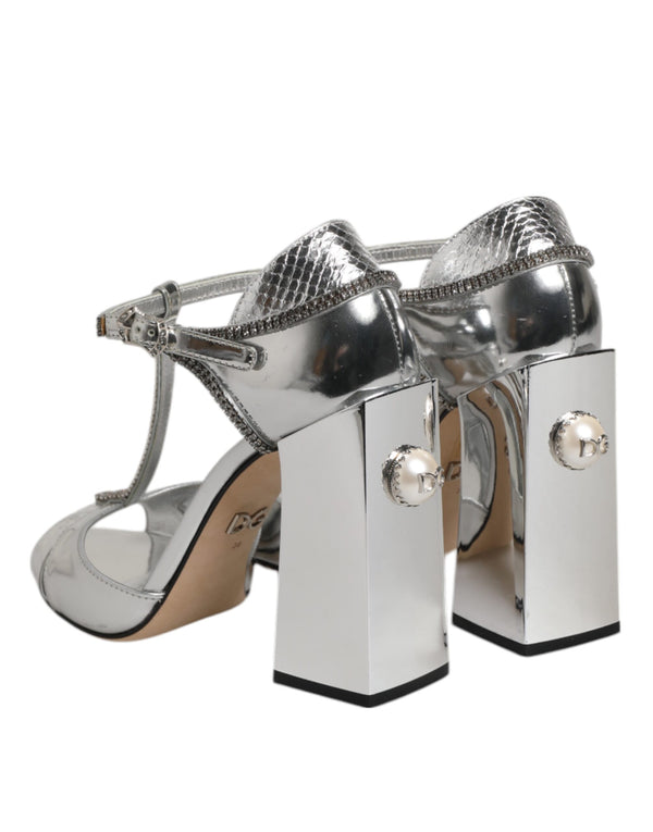 Silver Leather T-strap Heels Sandals Shoes