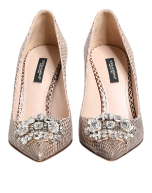 Beige Leather Crystal Embellished Pumps Shoes