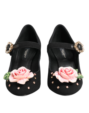 Black Flower Crystal Embellished Mary Jane Shoes