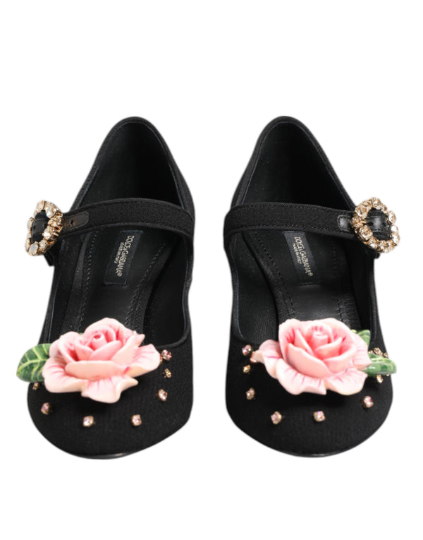 Black Flower Crystal Embellished Mary Jane Shoes