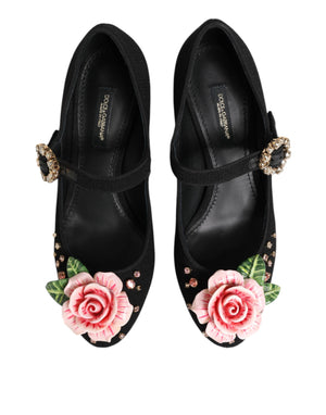 Black Flower Crystal Embellished Mary Jane Shoes