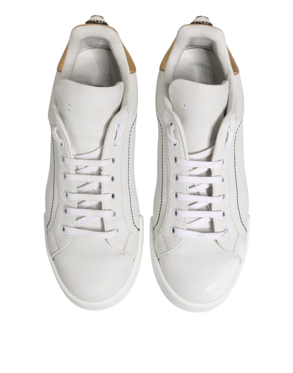 White Gold Leather Low Top Sneakers Shoes
