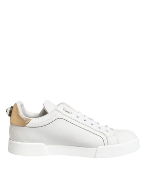 White Gold Leather Low Top Sneakers Shoes