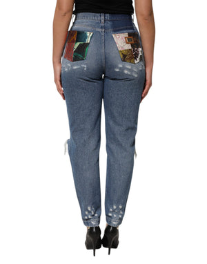 Blue Tattered High Waist Women Denim Jeans