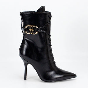 Valentina Lace-Up Stiletto Ankle Boots with Gold Buckle