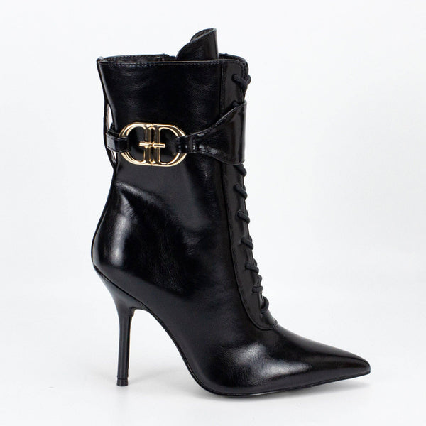 Valentina Lace-Up Stiletto Ankle Boots with Gold Buckle