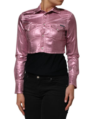Pink Cotton Stretch Collared Cropped Jacket