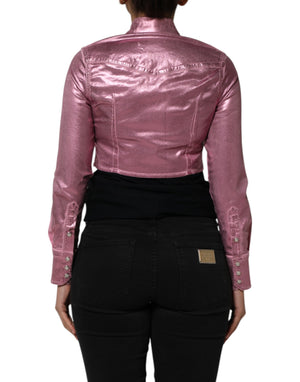 Pink Cotton Stretch Collared Cropped Jacket