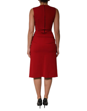 Red Viscose Stretch Slit Sheath Midi Dress