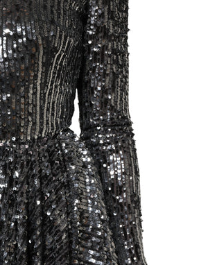 Black Sequined Long Sleeves Midi A-line  Dress