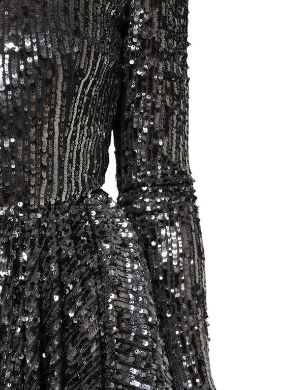 Black Sequined Long Sleeves Midi A-line  Dress