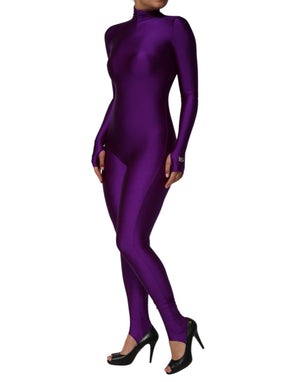 Purple Nylon Turtleneck Bodycon Jumpsuit Dress