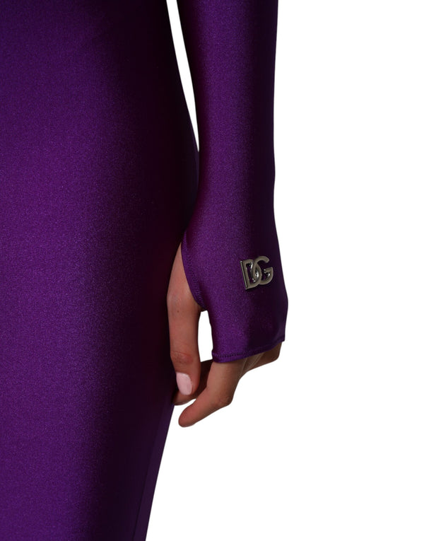 Purple Nylon Turtleneck Bodycon Jumpsuit Dress