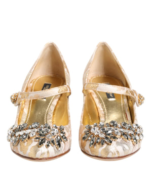 Gold Jacquard Crystal Mary Janes Pumps Shoes