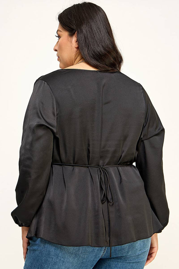 Plus size Black Satin Babydoll Blouse KY18250-T