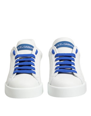 White Blue Leather Low Top Sneakers Shoes