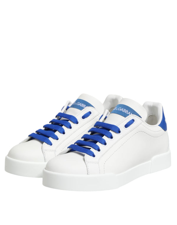 White Blue Leather Low Top Sneakers Shoes