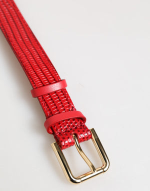 Red Exotic Leather Gold Tone Metal Buckle Women Armband