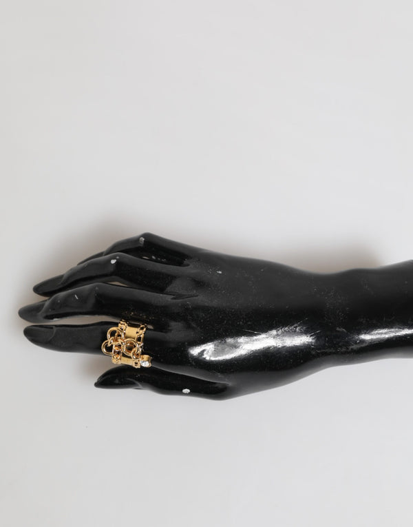 Gold Tone Brass Logo Chain Clear Crystals Adjustable Ring