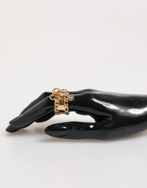 Gold Tone Brass Logo Chain Clear Crystals Adjustable Ring