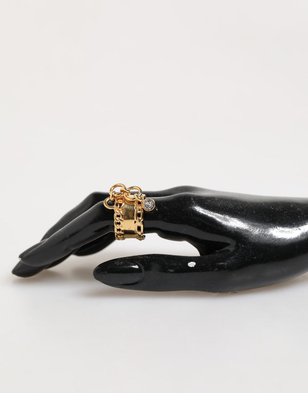 Gold Tone Brass Logo Chain Clear Crystals Adjustable Ring