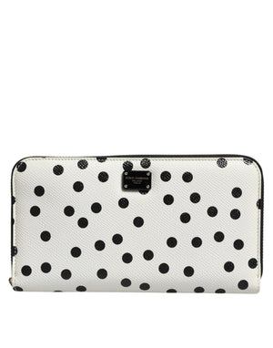 White Black Dotted Leather Zip Around Continental Wallet