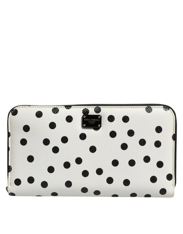White Black Dotted Leather Zip Around Continental Wallet