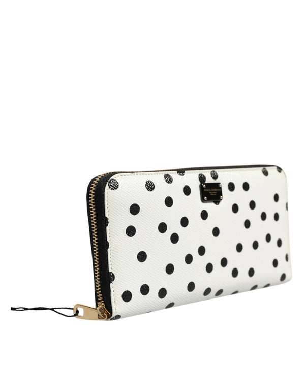 White Black Dotted Leather Zip Around Continental Wallet